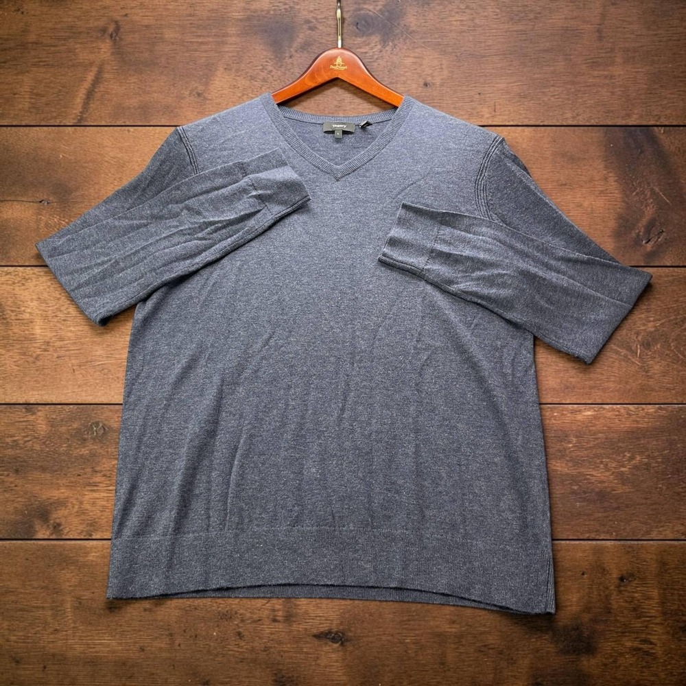 Theory Riland Mens Large V-Neck Sweater Merino Wool Blend Heather Blue